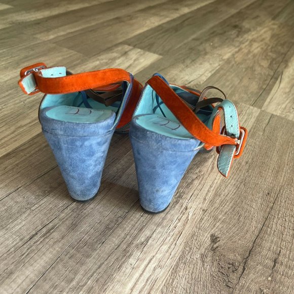 Thierry Rabotin Womens Orange Blue Peep Toe Cone Slingback Heel Sz US 7.5 EUR 38 - Picture 5 of 9
